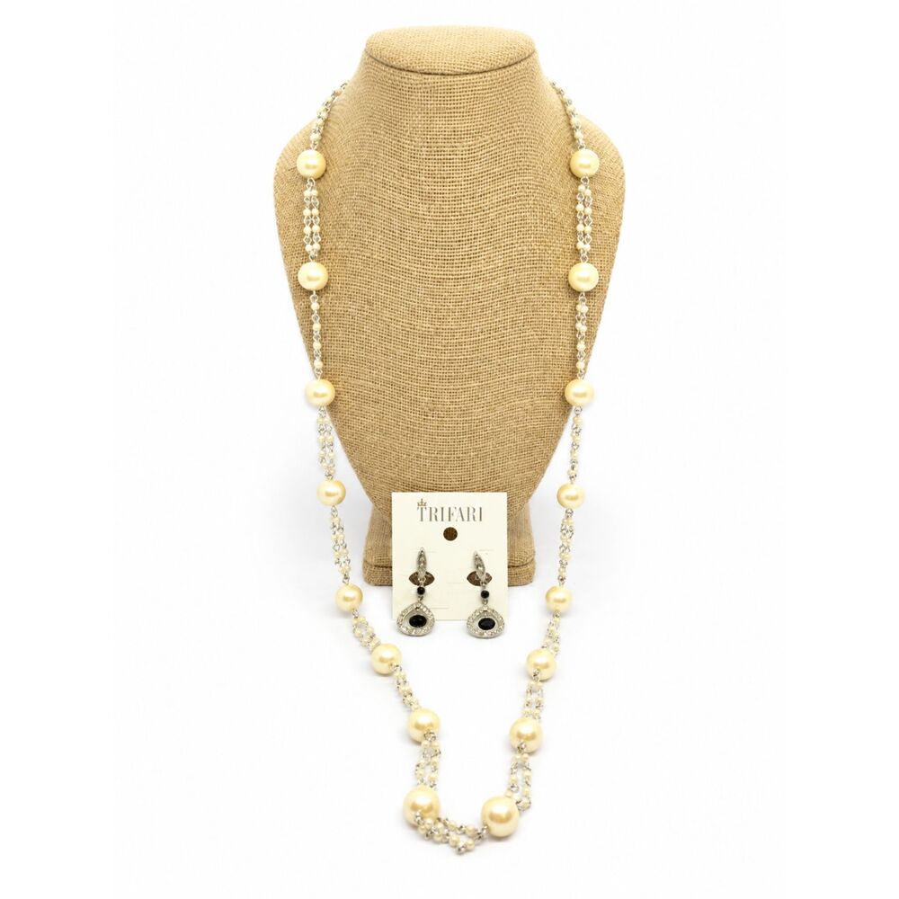 Vintage Trifari Necklace Earring Set Faux Pearl Long Chain Silver Tone Bridal